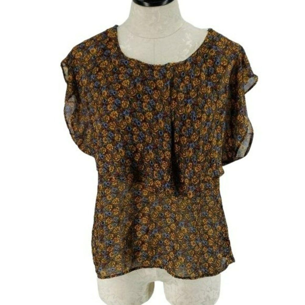 Forever 21 Women's Multi Floral Print Sheer Drape Neck Blouse Size Medium
